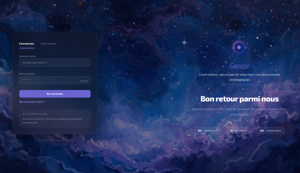 Application Geode - Connexion