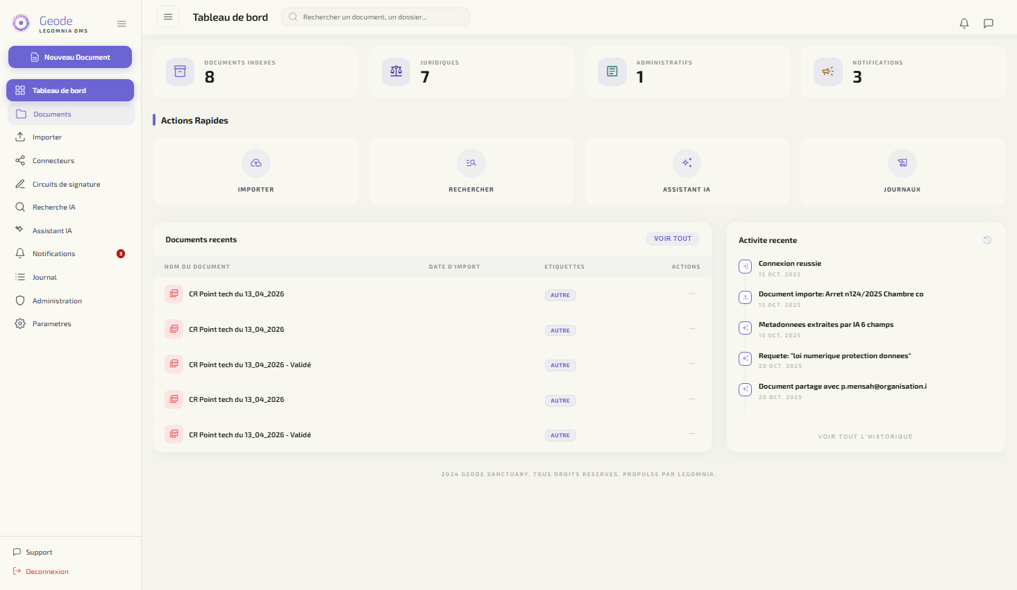Application Geode - Tableau de bord